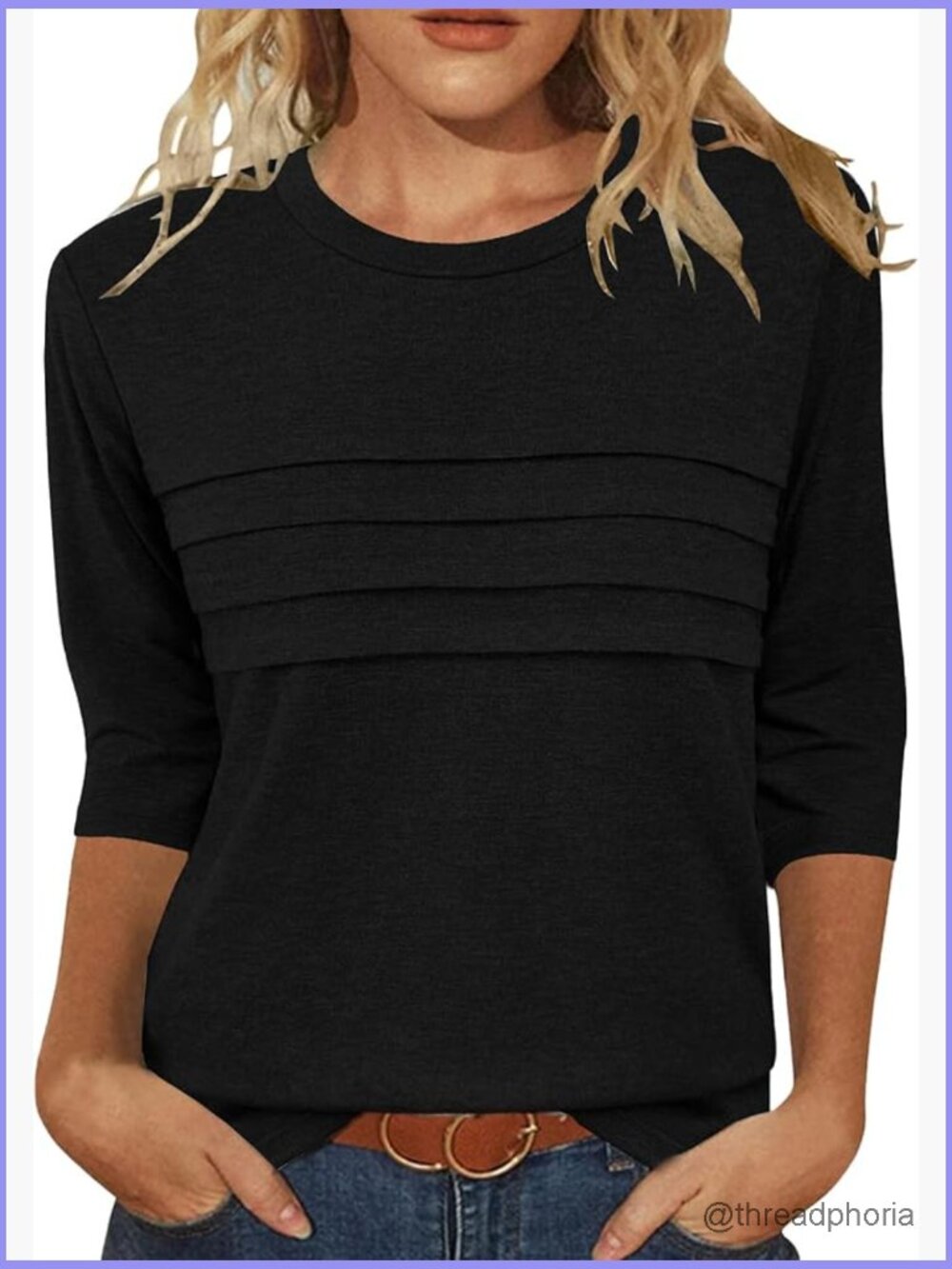 3/4 Sleeve Tunic Tops Pleated Crewneck Casual Loose Fit Blouses for Work